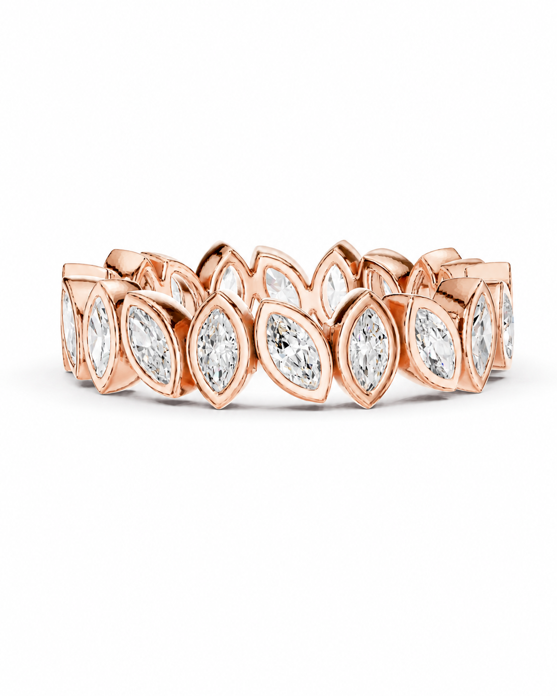 color_10K_RG, color_14K_RG &&	A rose gold eternity band ring featuring marquise-cut clear gemstones in a continuous floral pattern, set against a clean white background.