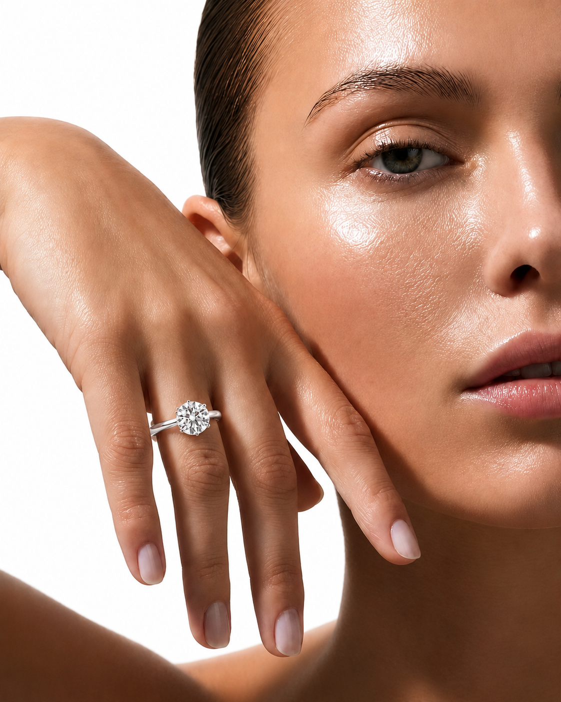 color_925_SIL,color_935_ARG,color_10K_WG, color_14K_WG &&A close-up lifestyle shot of a model wearing a classic round-cut diamond engagement ring on her finger, with her hand resting against her cheek against a clean white background.
