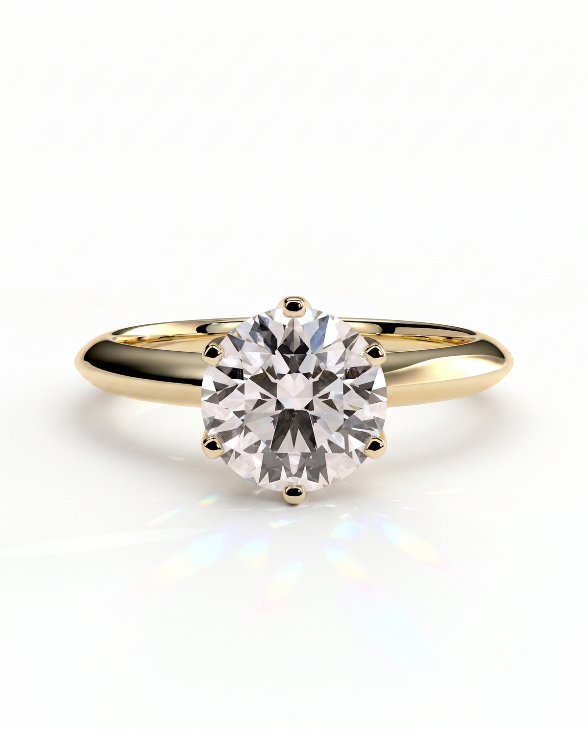 color_10K_YG, color_14K_YG &&A classic solitaire engagement ring featuring a round brilliant-cut diamond set in a polished yellow gold band, shown on a clean white background with a soft reflection.