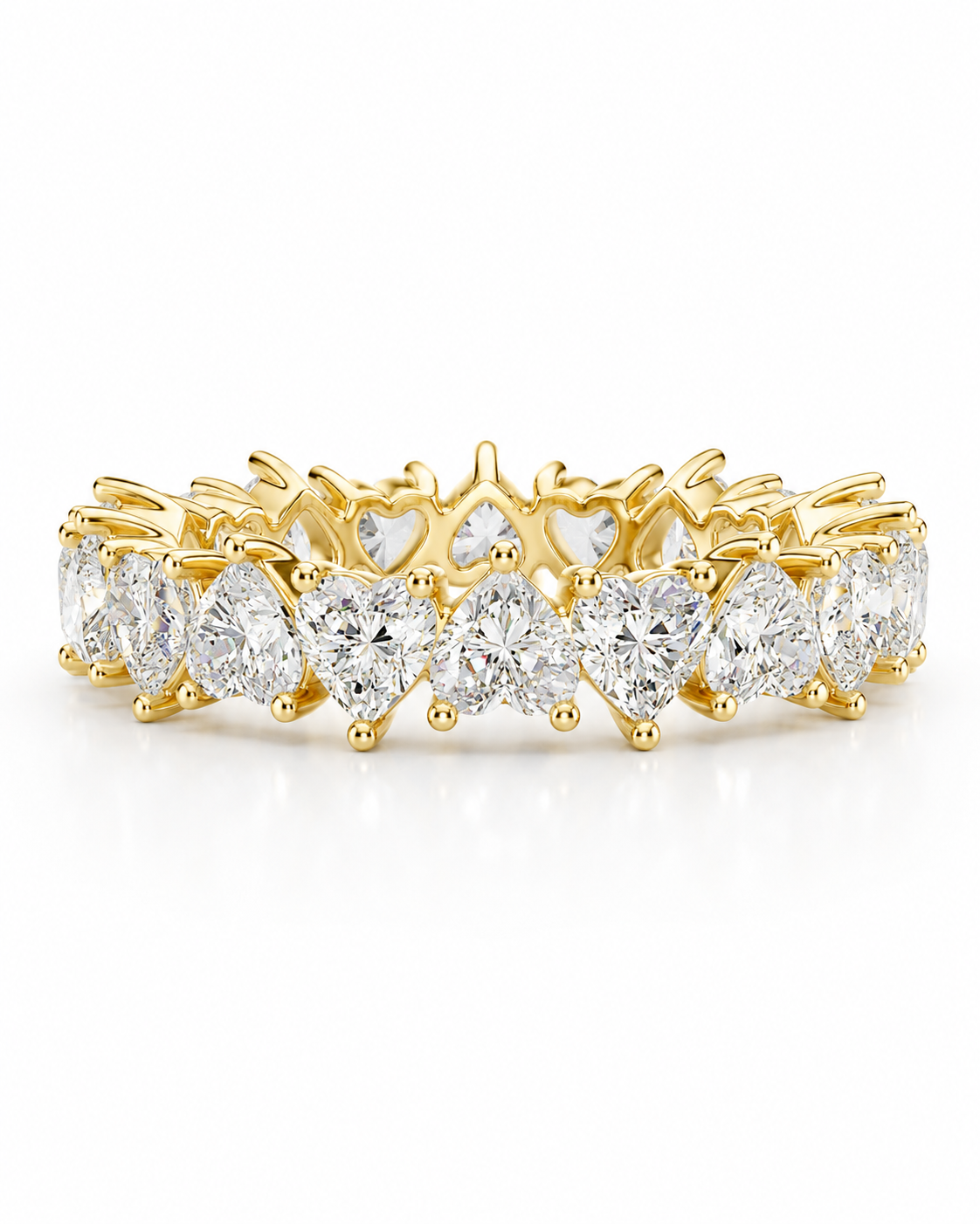 color_10K_YG, color_14K_YG &&	
A yellow gold eternity ring featuring a continuous row of clear heart-shaped and round-cut gemstones on a white background.