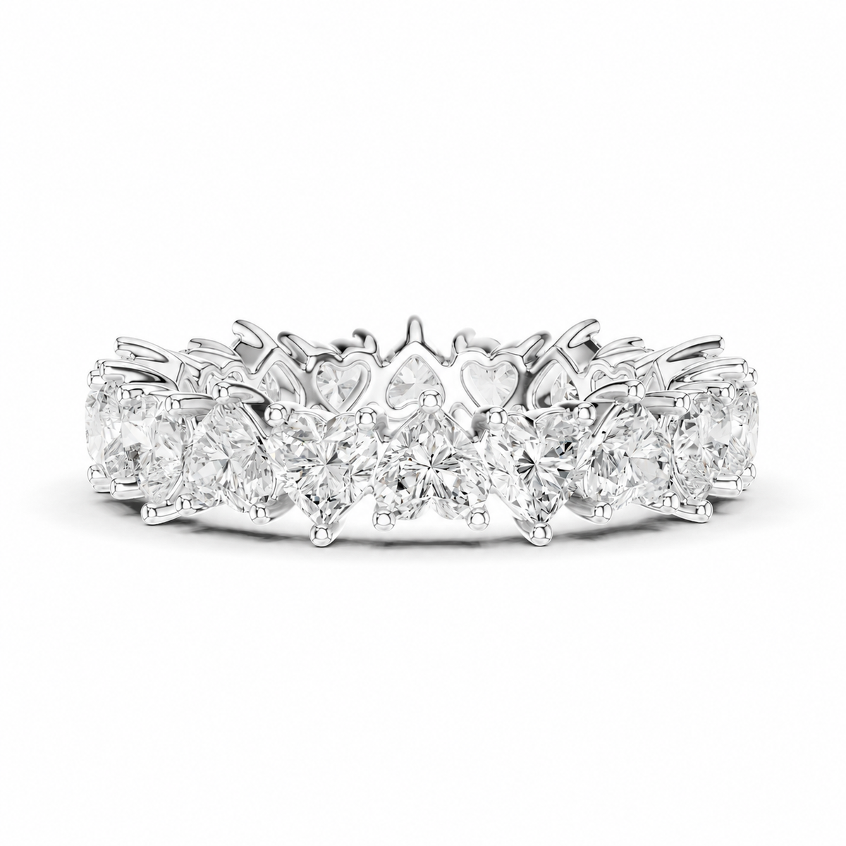 color_925_SIL,color_935_ARG,color_10K_WG, color_14K_WG &&	
A silver diamond eternity band ring featuring a continuous row of brilliant-cut and heart-shaped diamonds in a prong setting, shown against a plain white background.