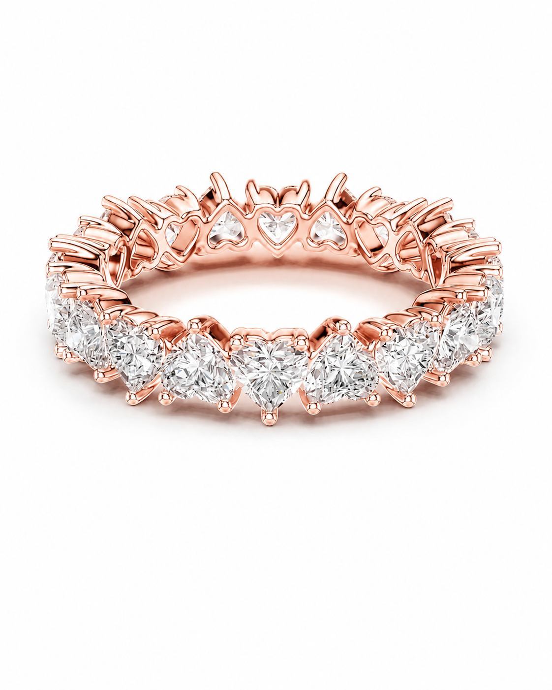 color_10K_RG, color_14K_RG &&	A rose gold eternity ring featuring a continuous line of round brilliant-cut diamonds and heart-shaped diamonds, set in a polished rose gold band, shown on a clean white background.