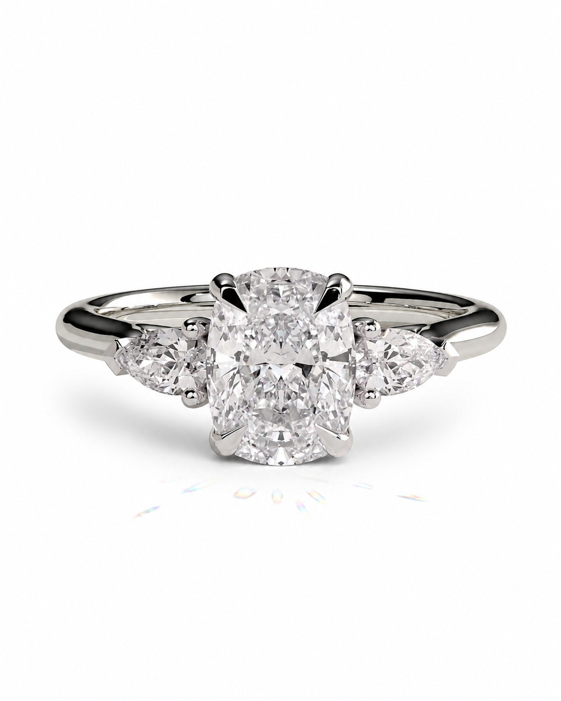 color_925_SIL,color_935_ARG,color_10K_WG, color_14K_WG &&A radiant cut diamond engagement ring with marquise side diamonds on a polished silver-colored band, shown against a clean white background.