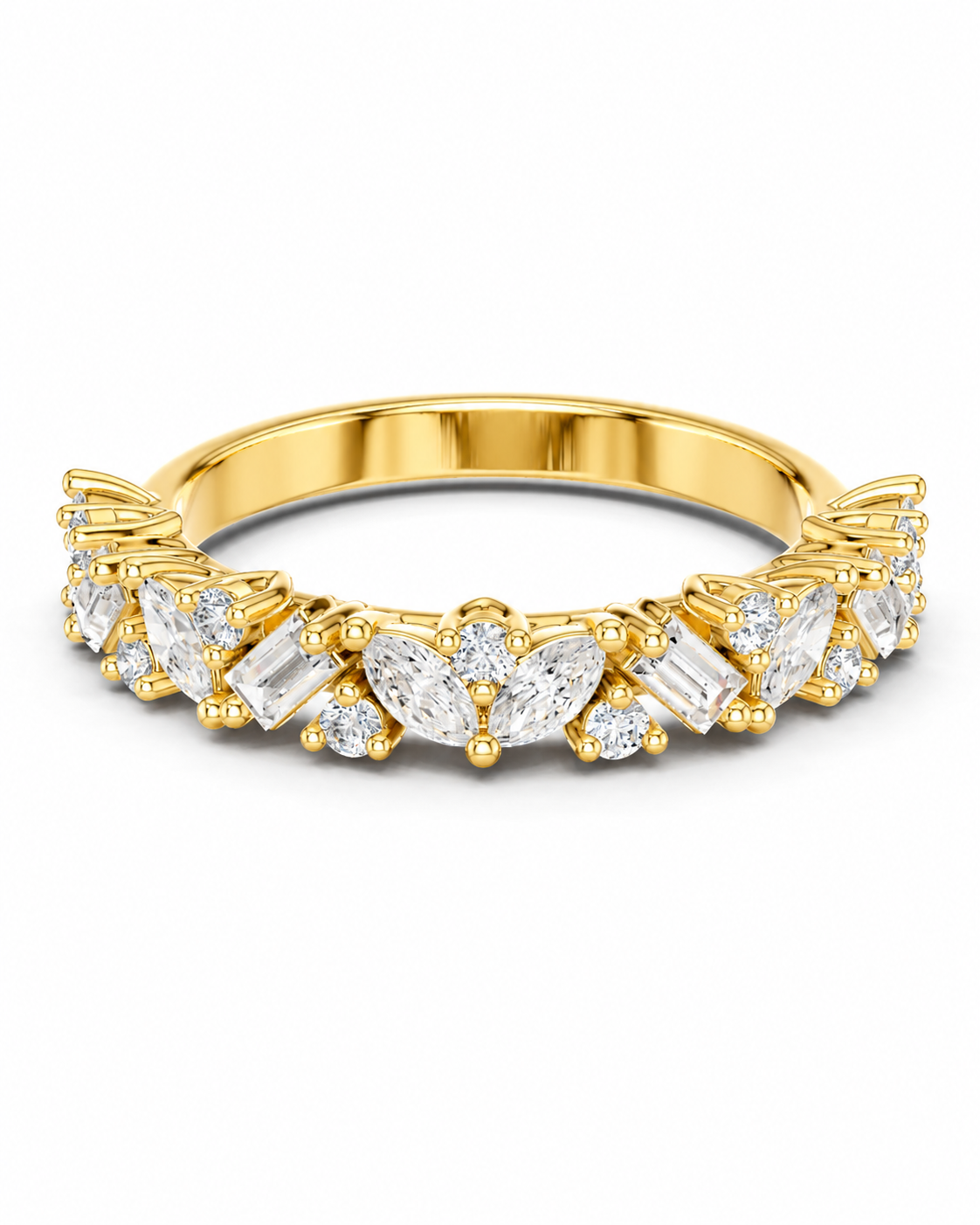 color_10K_YG, color_14K_YG &&	
A yellow gold eternity-style ring featuring a continuous row of clear gemstones in marquise, baguette, and round shapes, shown on a clean white background.