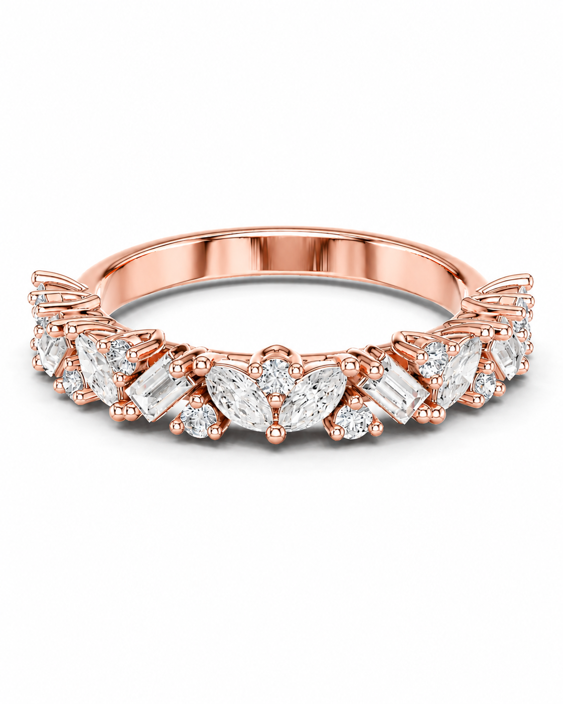 color_10K_RG, color_14K_RG &&	A rose gold half eternity ring featuring a row of clear baguette, marquise, and round-cut gemstones on a white background.