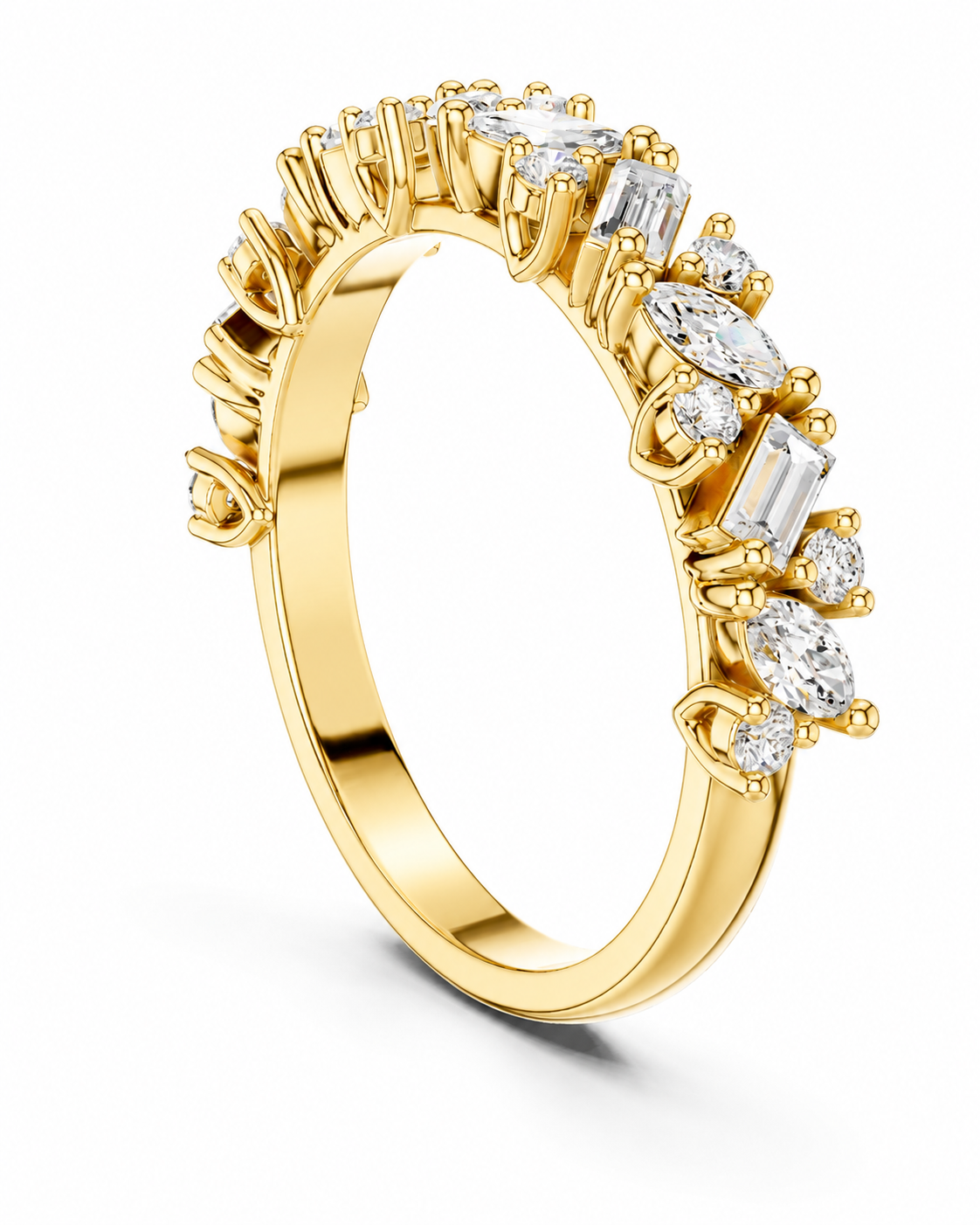 color_10K_YG, color_14K_YG &&	
A yellow gold eternity-style ring featuring a row of clear gemstones in marquise, emerald, and round settings, shown on a clean white background.