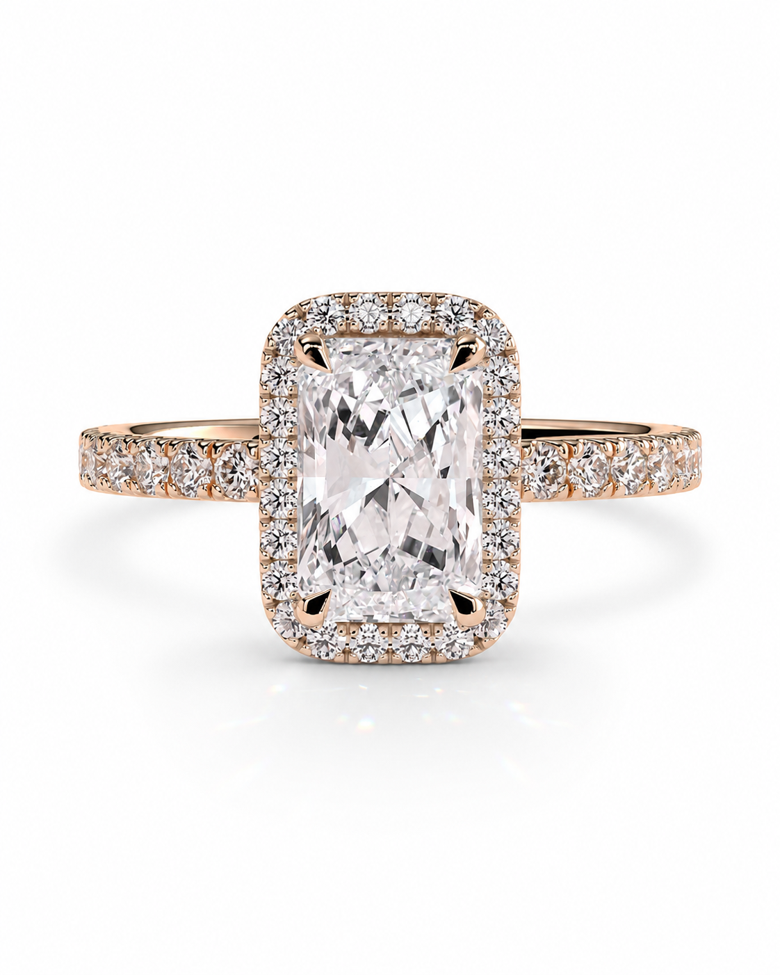 color_10K_RG, color_14K_RG &&An emerald-cut diamond halo ring in rose gold, featuring a large center diamond surrounded by a halo and a pave-set diamond band, shown on a clean white background.