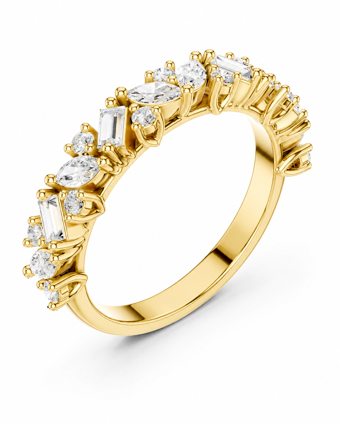 color_10K_YG, color_14K_YG &&	
A yellow gold eternity ring featuring a continuous row of clear baguette and marquise-cut gemstones, shown on a clean white background.