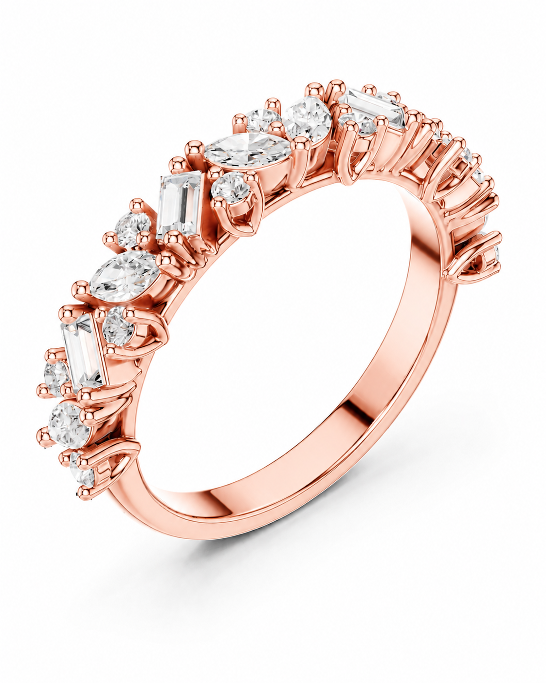 color_10K_RG, color_14K_RG &&	A rose gold eternity ring featuring a continuous row of clear gemstones in various shapes, set against a clean white background.