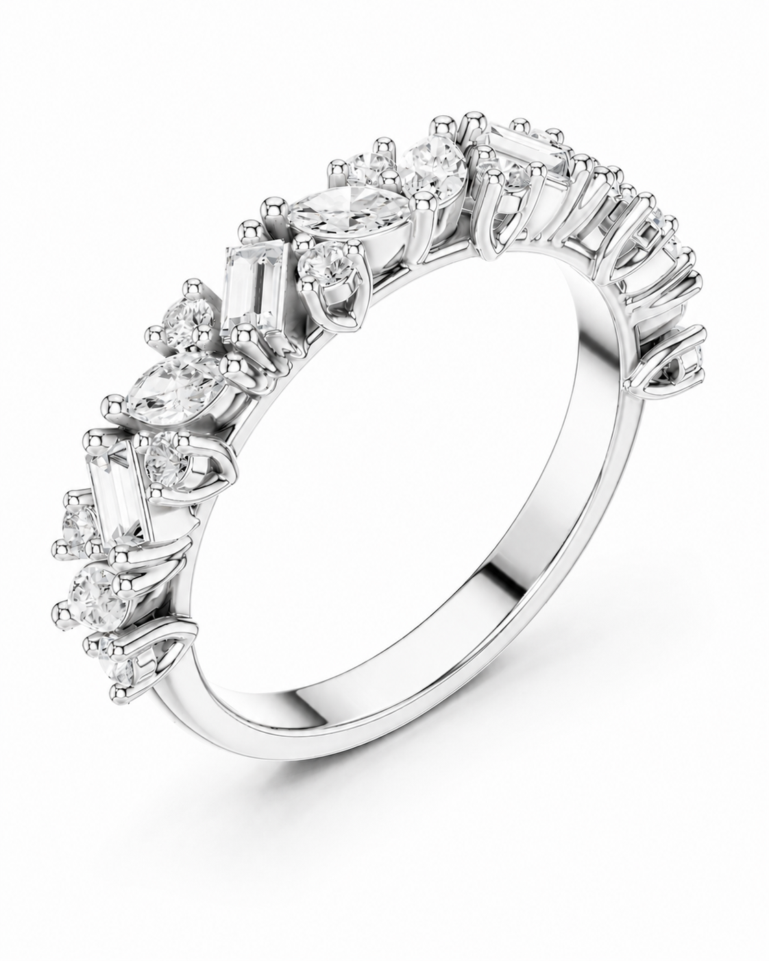 color_925_SIL,color_935_ARG,color_10K_WG, color_14K_WG &&	
A silver-toned diamond eternity ring featuring a continuous row of baguette, round, and marquise-cut diamonds in a prong setting, shown on a clean white background.