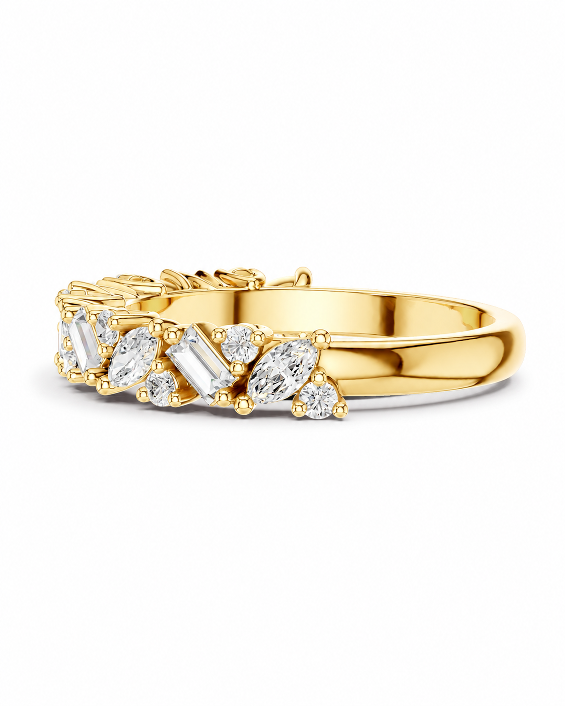 color_10K_YG, color_14K_YG &&	
A yellow gold ring featuring a row of clear baguette and marquise-cut gemstones, photographed on a clean white background.