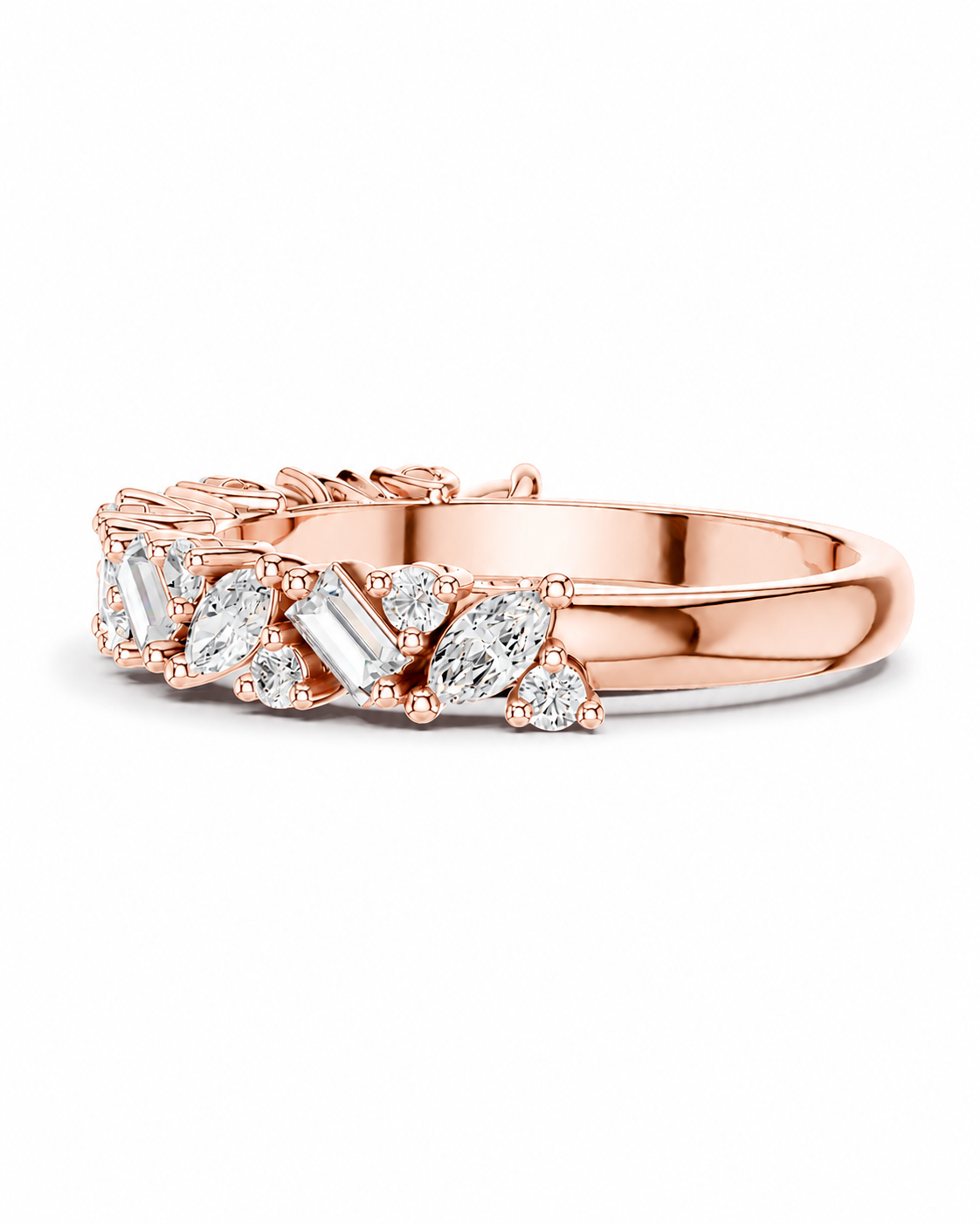 color_10K_RG, color_14K_RG &&	A rose gold eternity band ring featuring a row of clear baguette, oval, and marquise-cut diamonds, shown on a clean white background.