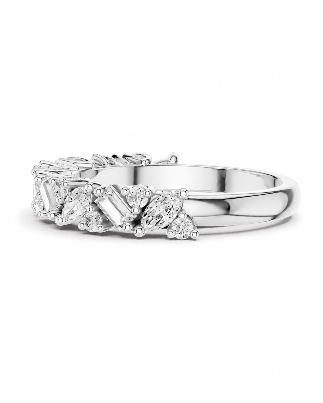 color_925_SIL,color_935_ARG,color_10K_WG, color_14K_WG &&	
A silver-toned diamond ring featuring a row of marquise-cut and baguette-cut diamonds set in a polished band, shown against a plain white background.