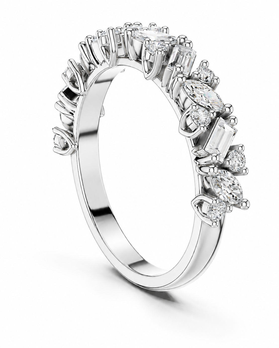 color_925_SIL,color_935_ARG,color_10K_WG, color_14K_WG &&	
A silver-tone diamond eternity ring with a continuous halo of round, marquise, and emerald-cut diamonds on a clean white background.