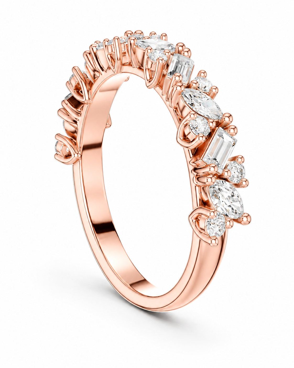 color_10K_RG, color_14K_RG &&	A rose gold eternity ring featuring a row of clear baguette and round-cut gemstones set in a polished band, shown on a clean white background.