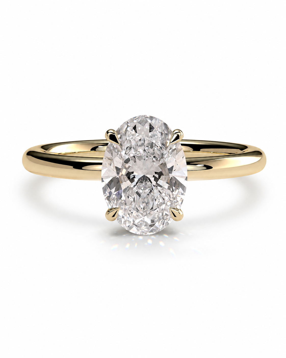 color_10K_YG, color_14K_YG &&An oval diamond engagement ring with a yellow gold band, shown on a clean white background with a soft reflection.