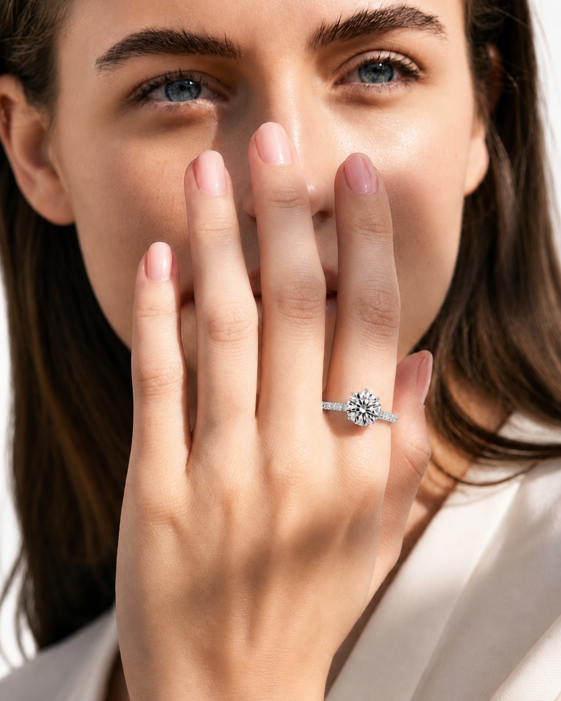 color_925_SIL,color_935_ARG,color_10K_WG, color_14K_WG &&A close-up lifestyle shot of a woman wearing a sparkling diamond ring on her finger, with her hand covering part of her face.
