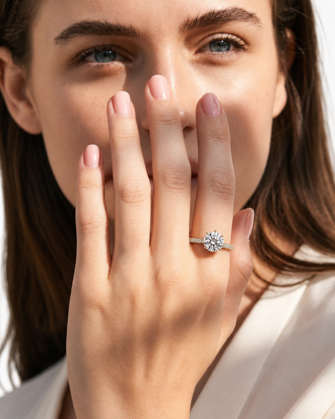 color_10K_YG, color_14K_YG &&A close-up lifestyle shot of a woman wearing a diamond engagement ring on her finger, holding her hand near her face. The ring features a round brilliant-cut diamond set in a silver-toned band.