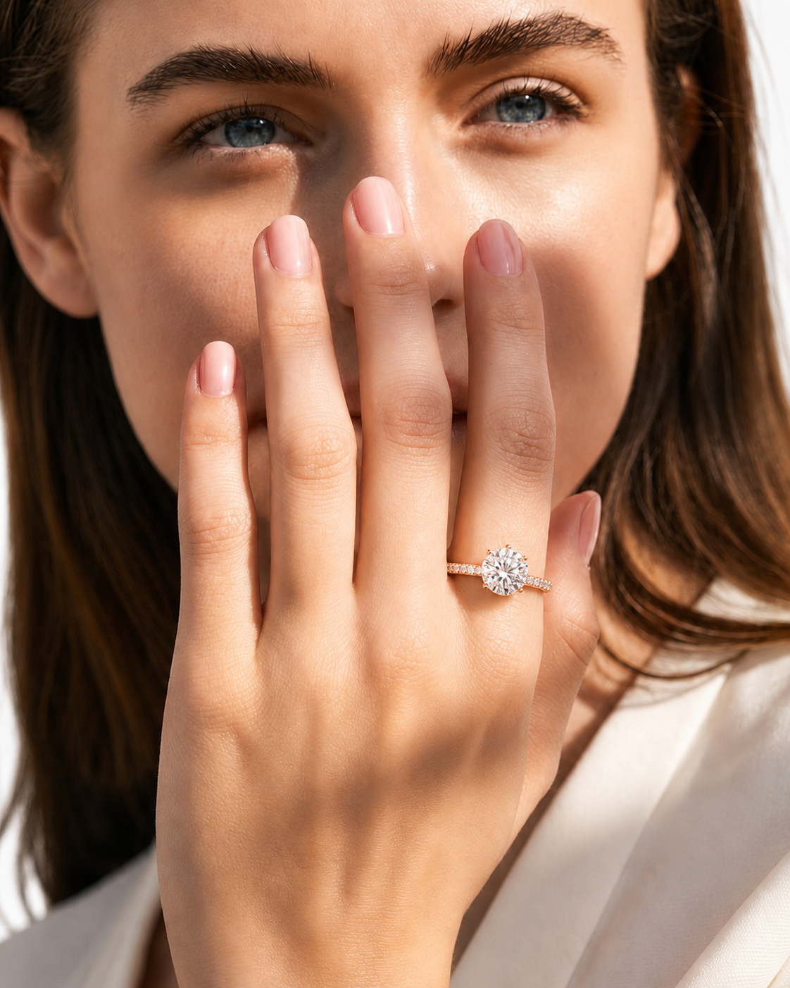 color_10K_RG, color_14K_RG &&A close-up lifestyle shot of a woman wearing a diamond engagement ring on her finger, with her hand covering part of her face. The ring features a round brilliant-cut diamond set in a gold band.