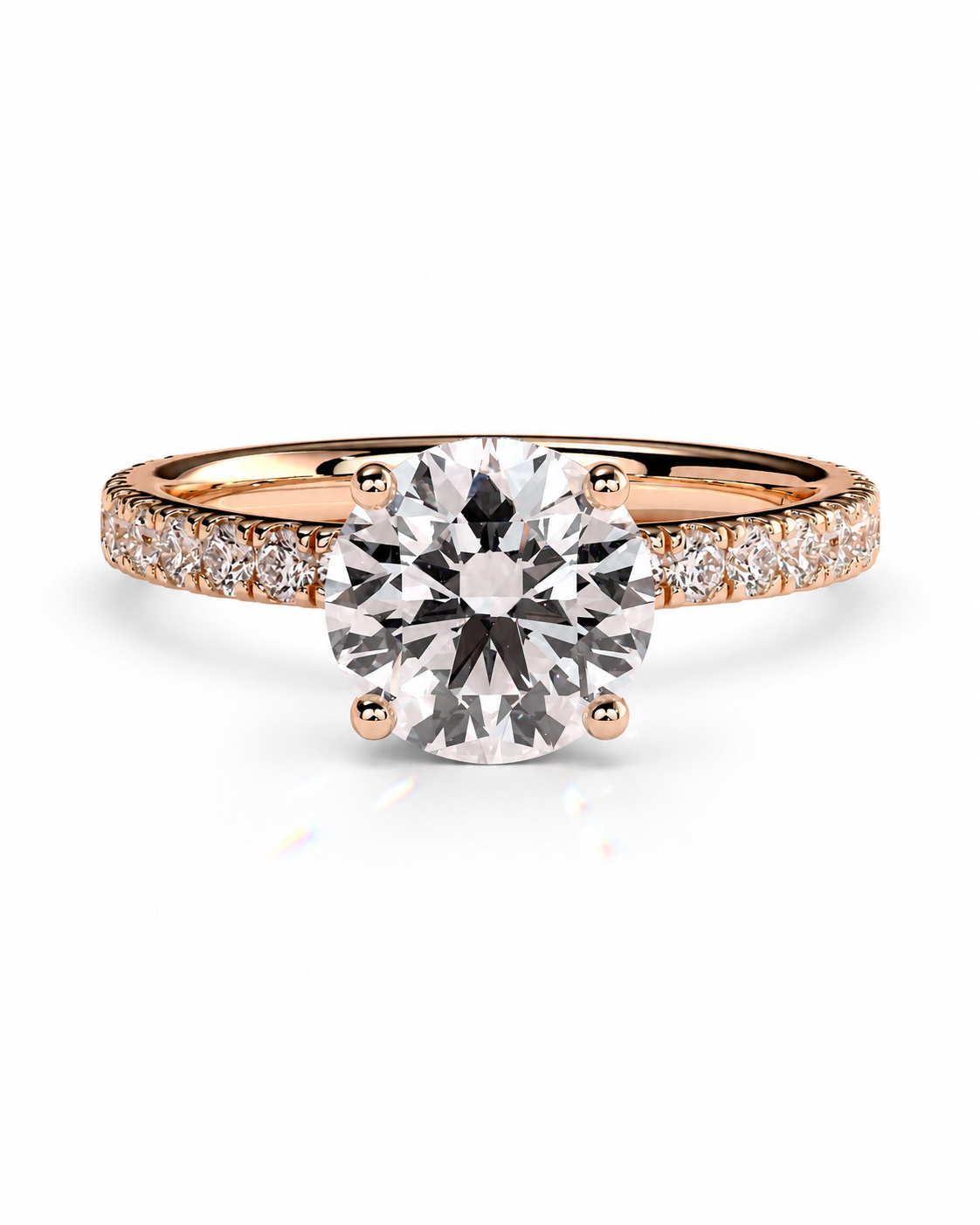 color_10K_RG, color_14K_RG &&A rose gold engagement ring featuring a round brilliant-cut center stone and pave-set accent stones along the band, shown on a clean white background.