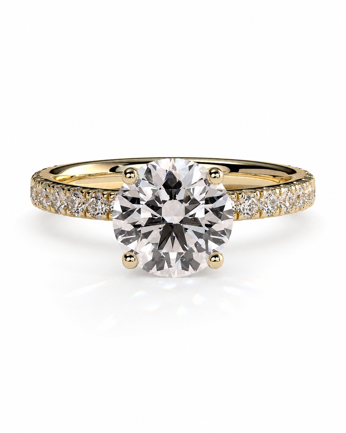 color_10K_YG, color_14K_YG &&A yellow gold solitaire engagement ring featuring a round brilliant-cut center stone and a pave-set diamond band, shown on a clean white background.