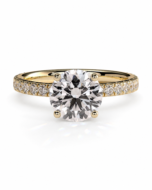 color_10K_YG, color_14K_YG &&A yellow gold solitaire engagement ring featuring a round brilliant-cut center stone and a pave-set diamond band, shown on a clean white background.