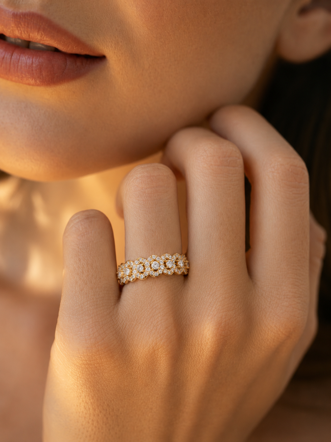 color_10K_YG, color_14K_YG &&Luxury-inspired moissanite wedding band with repeating floral cluster design.