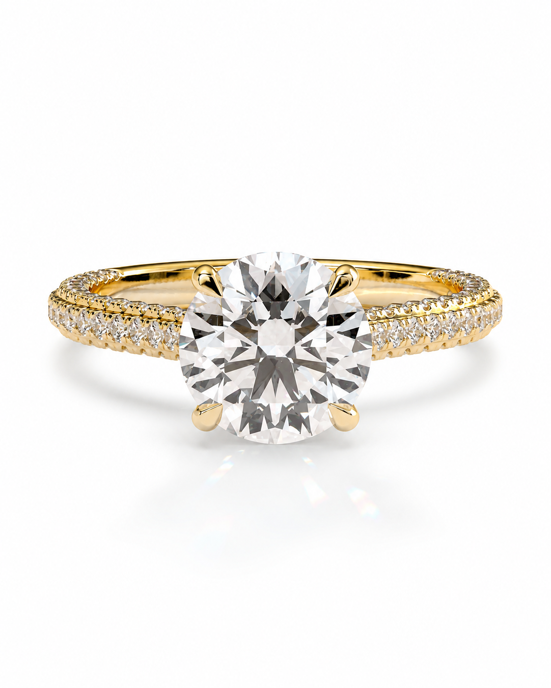 color_10K_YG, color_14K_YG &&A yellow gold solitaire engagement ring featuring a large round brilliant-cut center stone and a pave-set diamond band, shown on a clean white background.