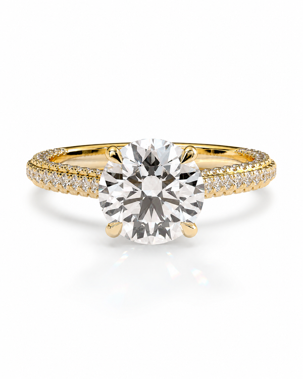 color_10K_YG, color_14K_YG &&A yellow gold solitaire engagement ring featuring a large round brilliant-cut center stone and a pave-set diamond band, shown on a clean white background.