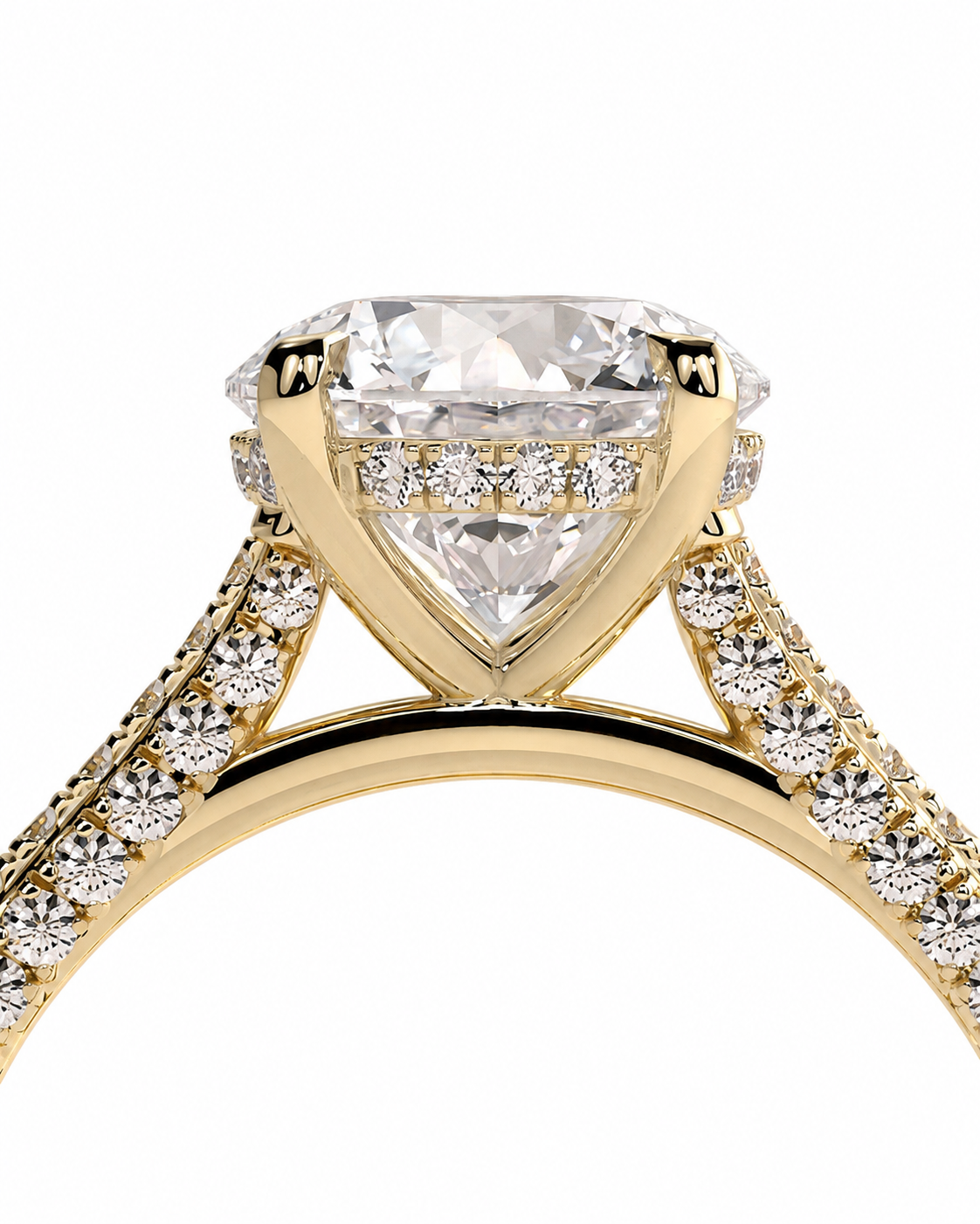 color_10K_YG, color_14K_YG &&A close-up of a yellow gold engagement ring featuring a large triangular-cut clear center stone and smaller diamonds along the shoulders, set against a plain white background.