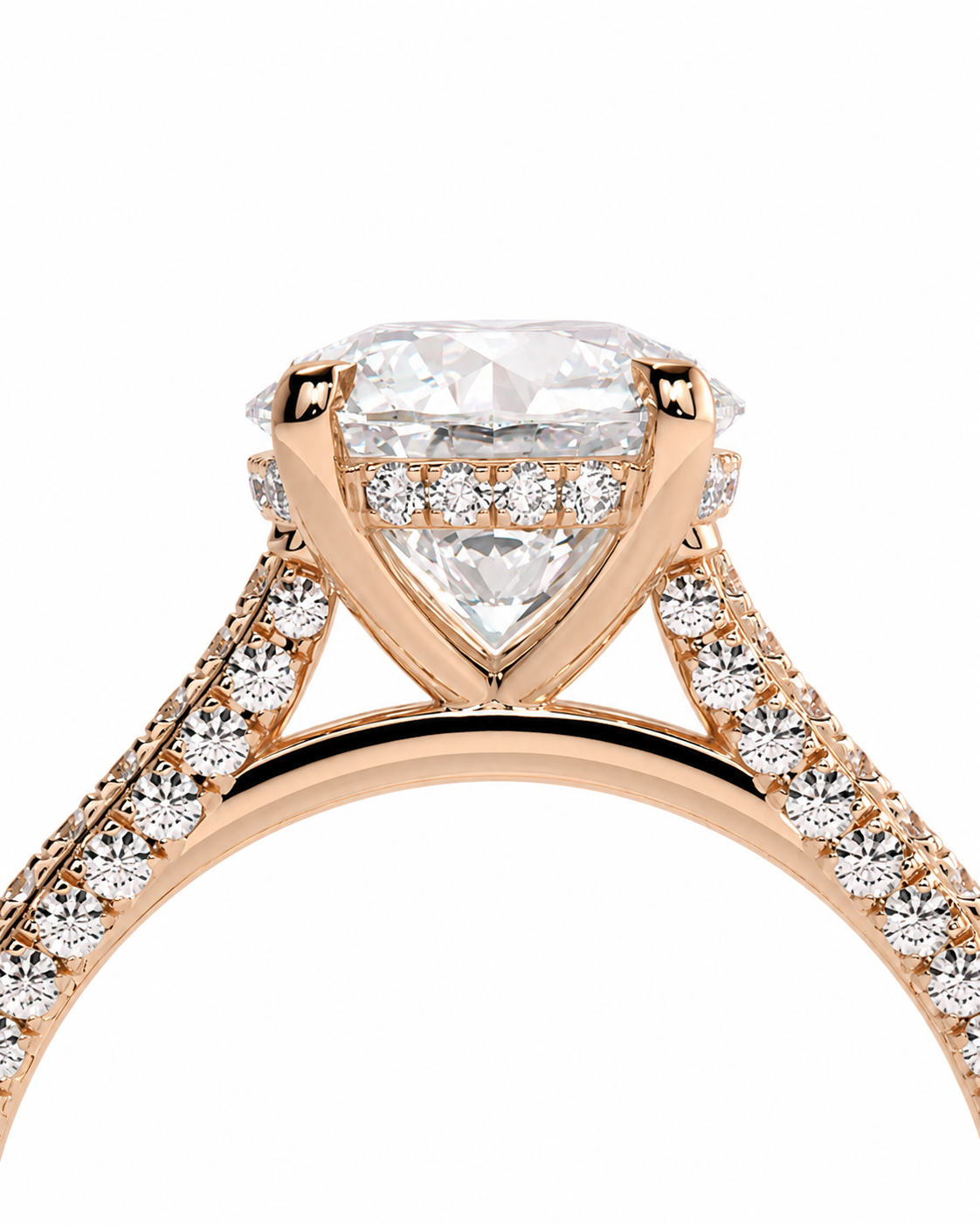 color_10K_RG, color_14K_RG &&Rose gold engagement ring featuring a large cushion-cut diamond center stone and a halo of small diamonds, with a split shank paved with round diamonds, shown on a white background.