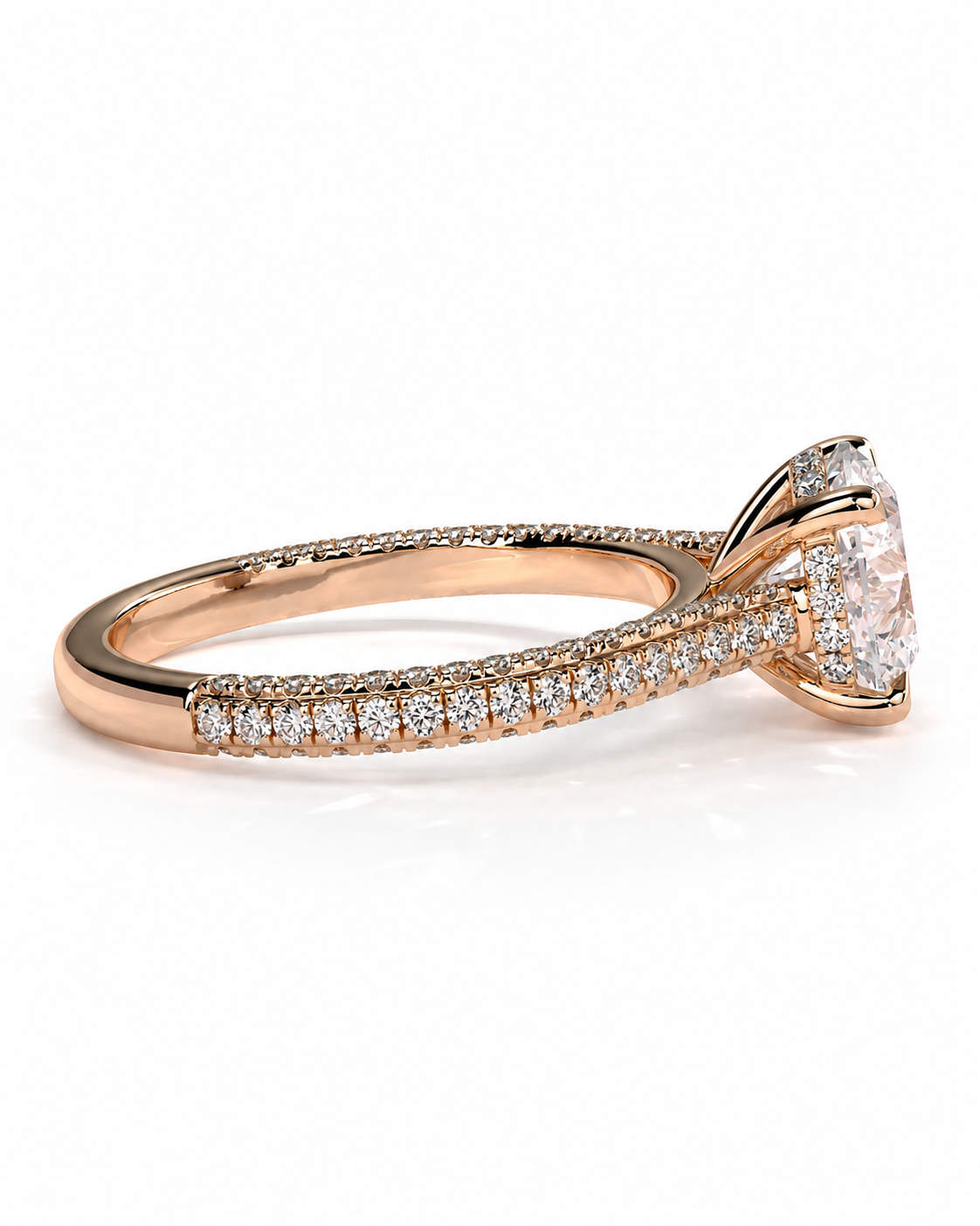 color_10K_RG, color_14K_RG &&A rose gold engagement ring featuring a large round-cut center stone and pave-set diamonds along the shank, shown on a clean white background.