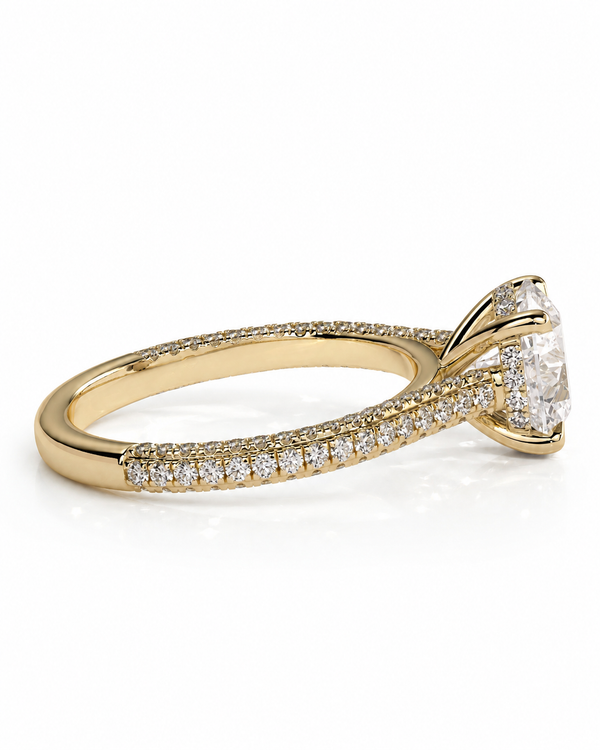 color_10K_YG, color_14K_YG &&A yellow gold engagement ring featuring a large round-cut center stone and pave-set diamonds along the shank, shown on a clean white background.
