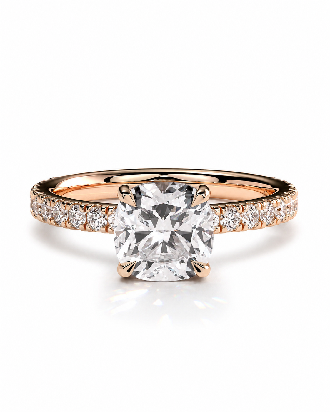 color_10K_RG, color_14K_RG &&A rose gold engagement ring featuring a large cushion-cut diamond center stone and a pave band with small round diamonds, set against a clean white background.