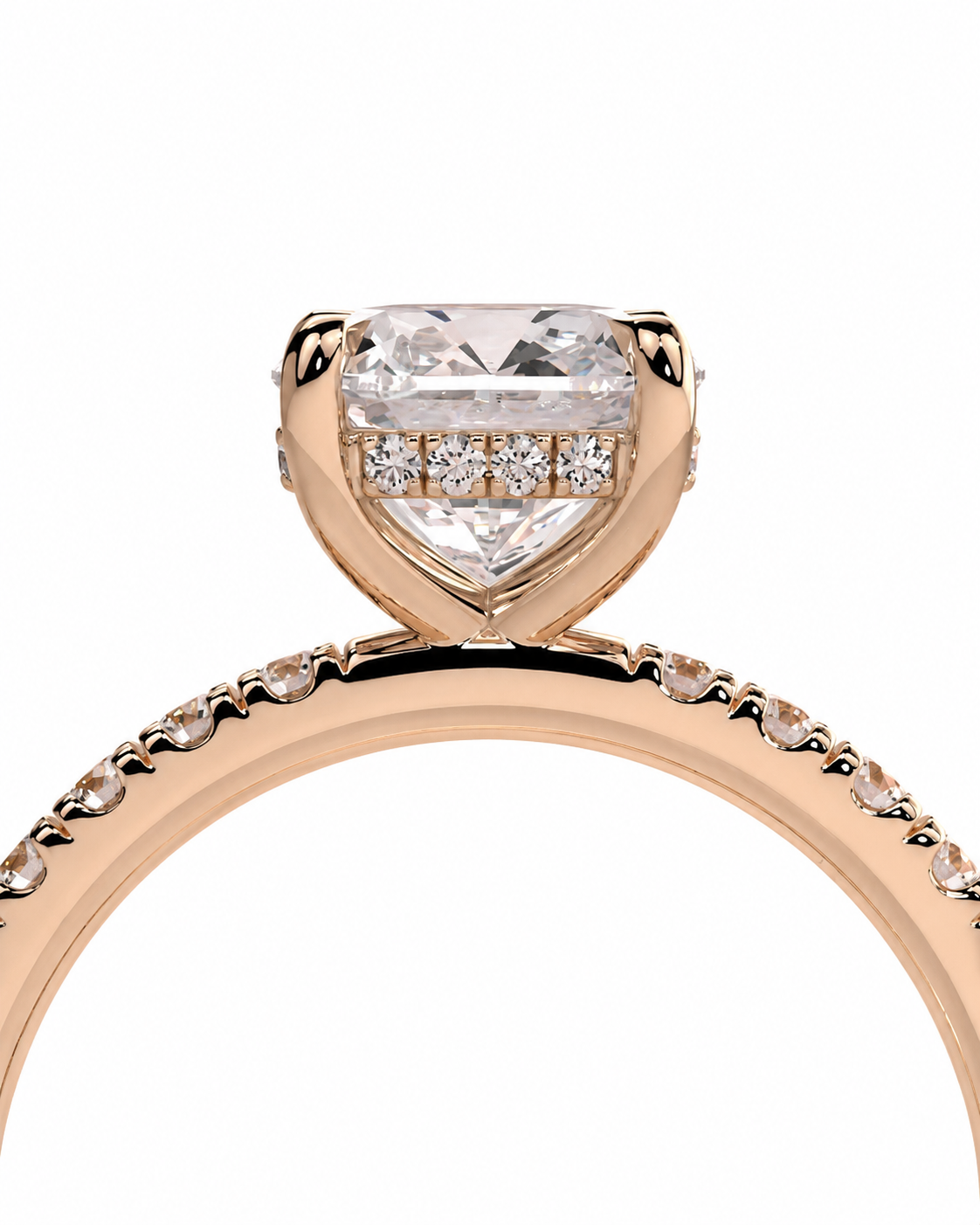 color_10K_RG, color_14K_RG &&Rose gold engagement ring featuring a heart-shaped clear gemstone in a prong setting, accented by smaller round diamonds along the band, shown against a plain white background.