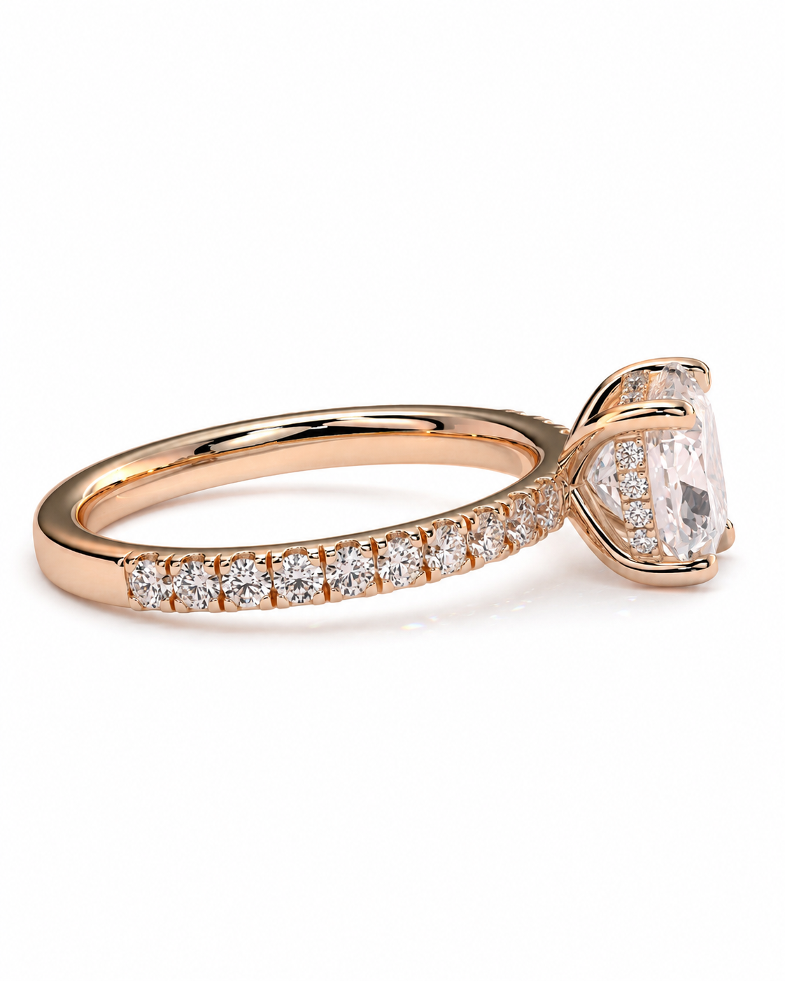 color_10K_RG, color_14K_RG &&A rose gold engagement ring featuring a large oval-cut clear center stone and a pave band with small round stones, shown on a clean white background.