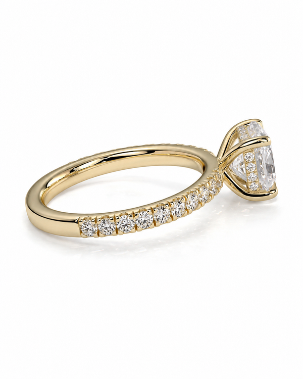 color_10K_YG, color_14K_YG &&A yellow gold diamond ring with a pave-set band and a large oval center stone, shown on a clean white background.