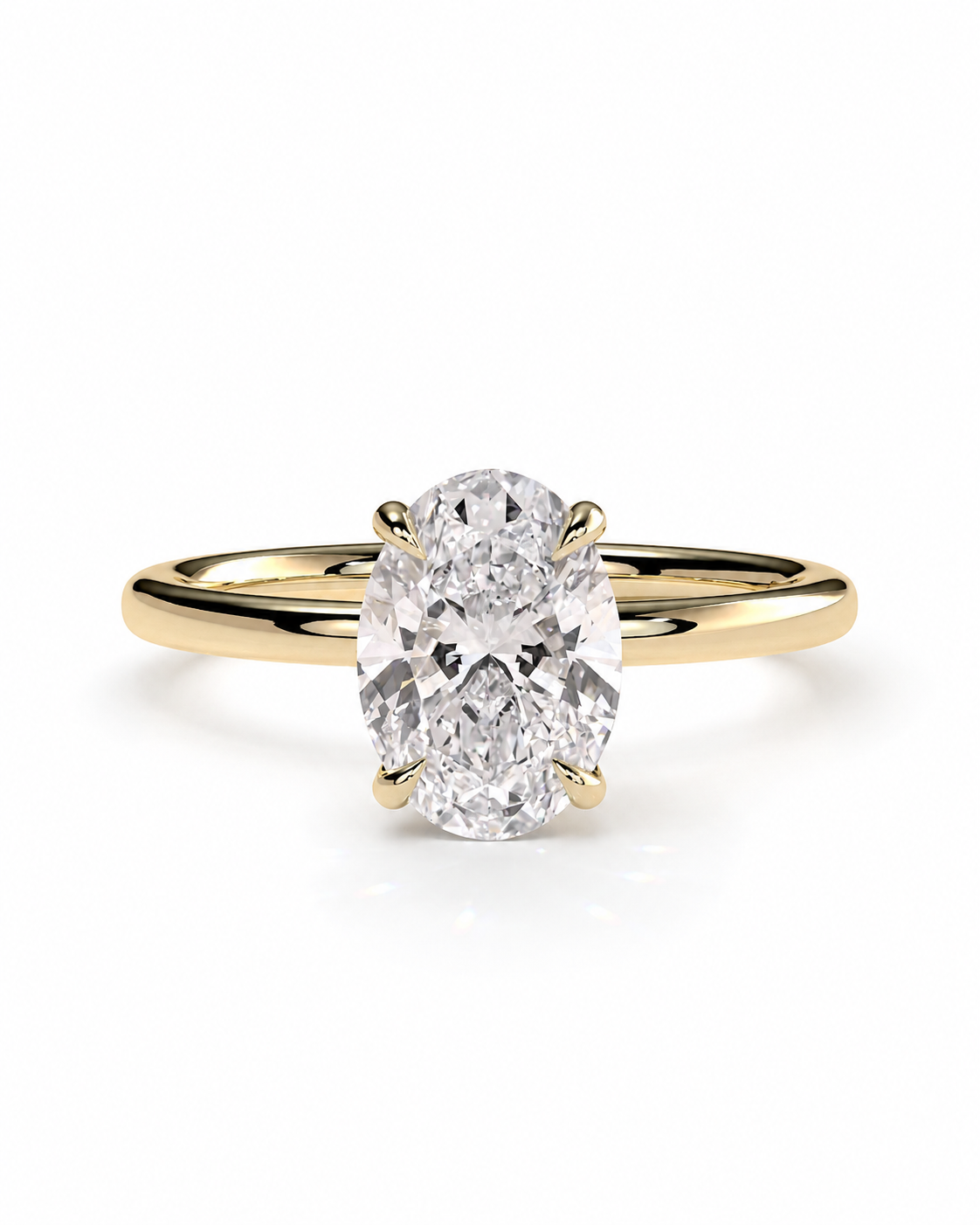 color_10K_YG, color_14K_YG &&An oval-cut diamond engagement ring with a yellow gold band, shown on a clean white background.