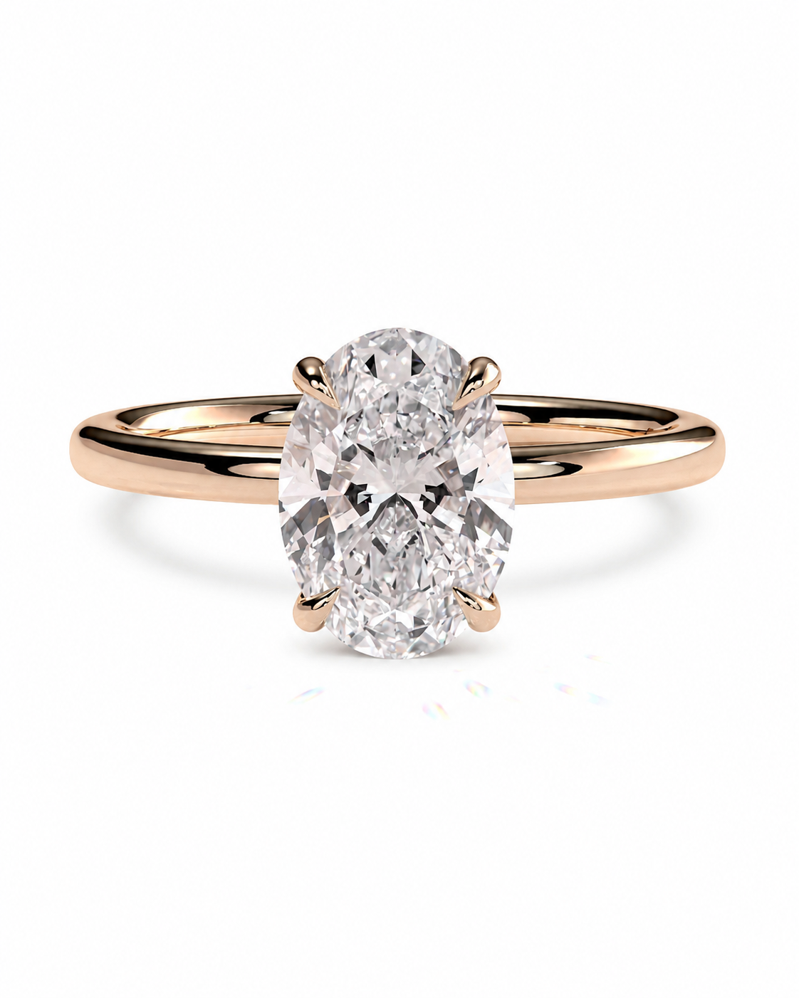 color_10K_RG, color_14K_RG &&An oval-cut diamond engagement ring with a rose gold band, shown on a clean white background.