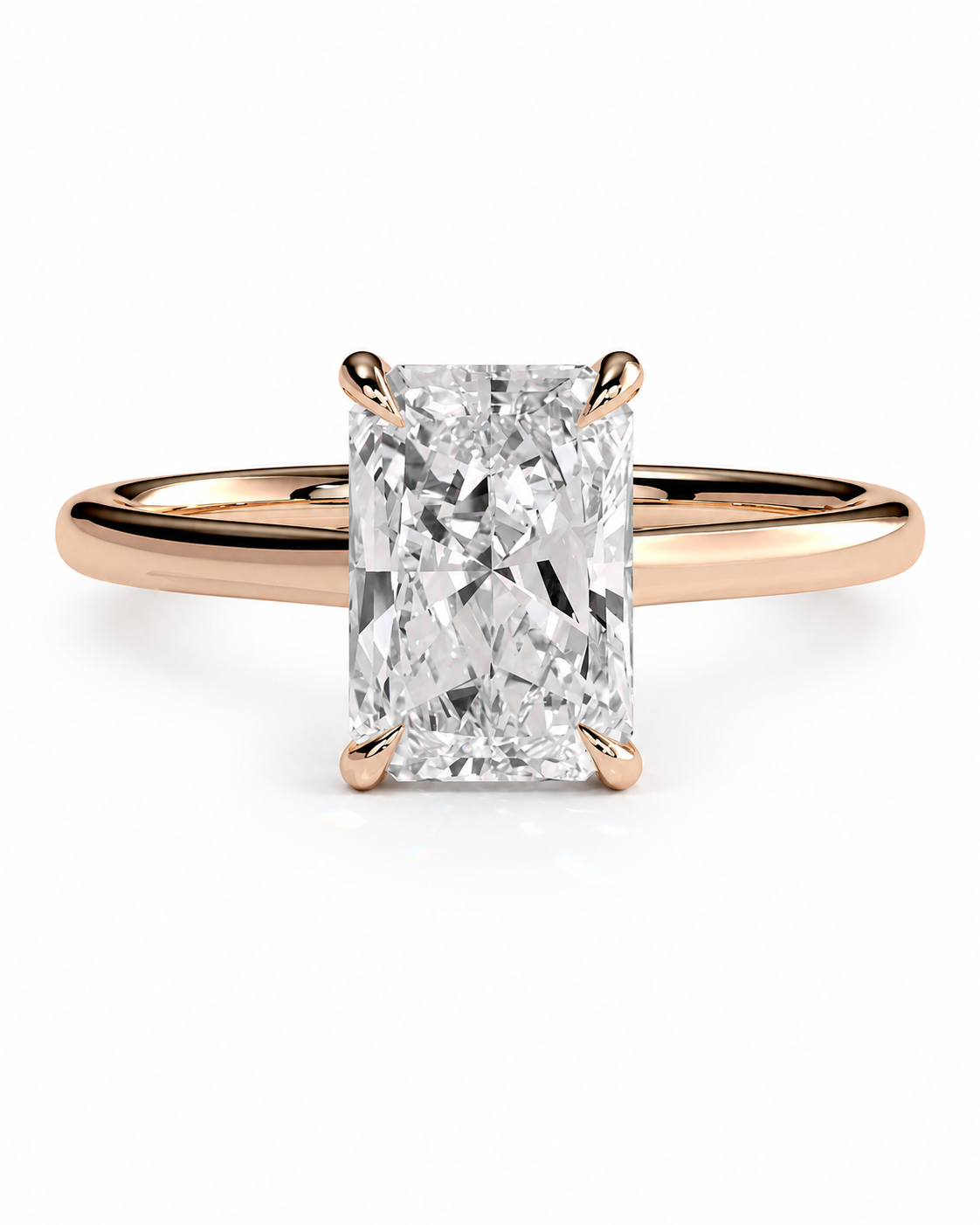 color_10K_RG, color_14K_RG &&A radiant cut diamond engagement ring in a rose gold band, shown on a clean white background.