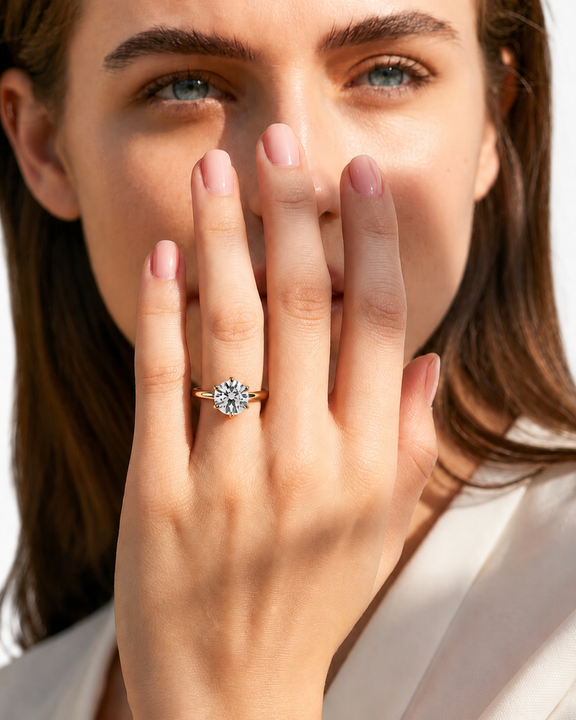 color_10K_RG, color_14K_RG &&A close-up lifestyle shot of a woman wearing a yellow gold ring with a single round-cut clear gemstone, held up by her hand against a bright, softly lit background.
