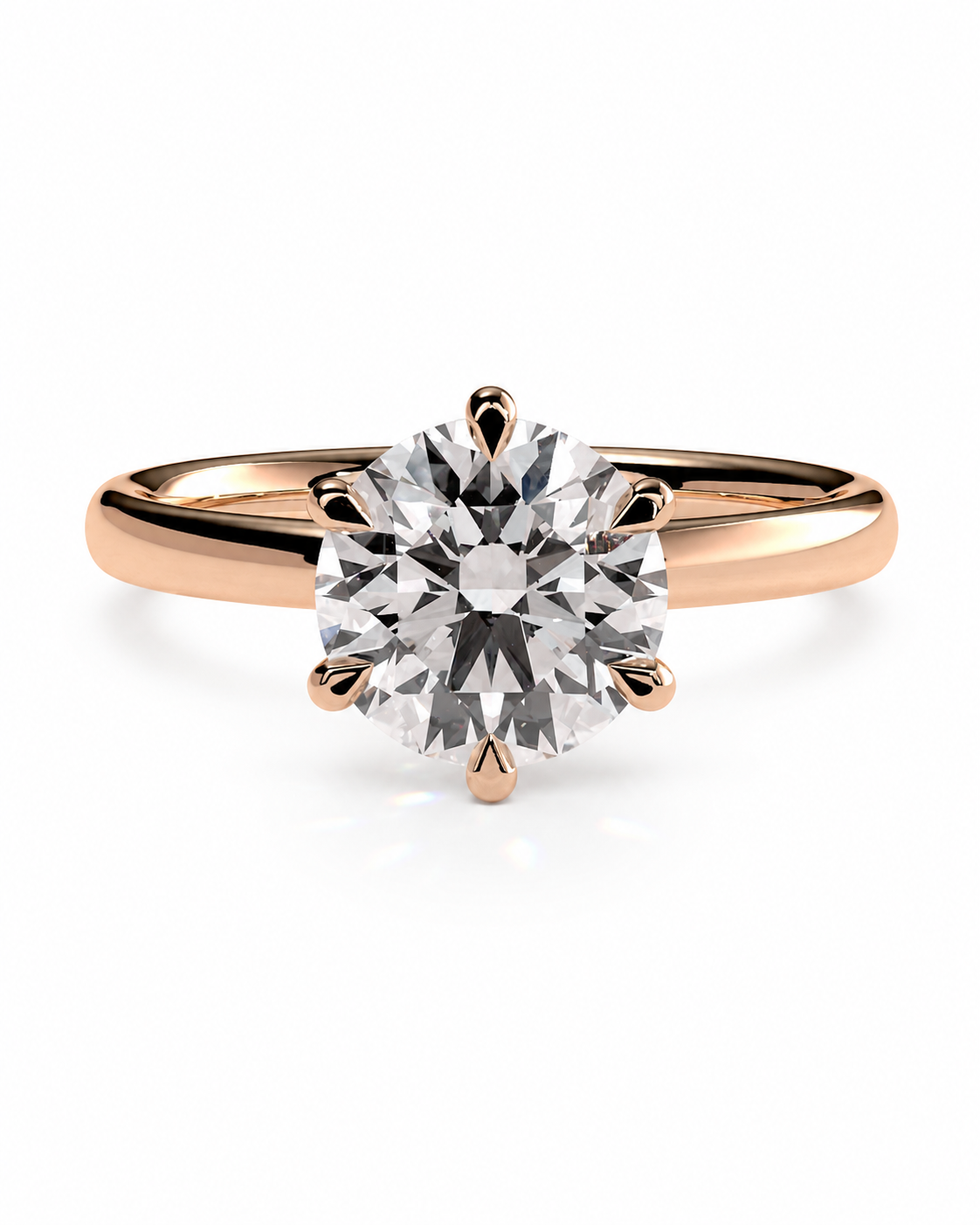 color_10K_RG, color_14K_RG &&A classic solitaire engagement ring featuring a round brilliant-cut diamond set in a polished rose gold six-prong band, shown on a clean white background.