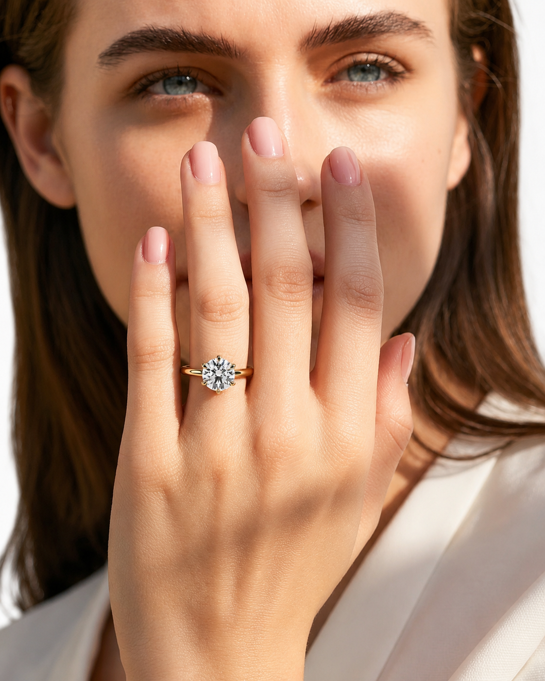 color_10K_YG, color_14K_YG &&A close-up lifestyle shot of a woman holding her hand to her face, showcasing a gold ring with a round-cut clear gemstone in a halo setting.