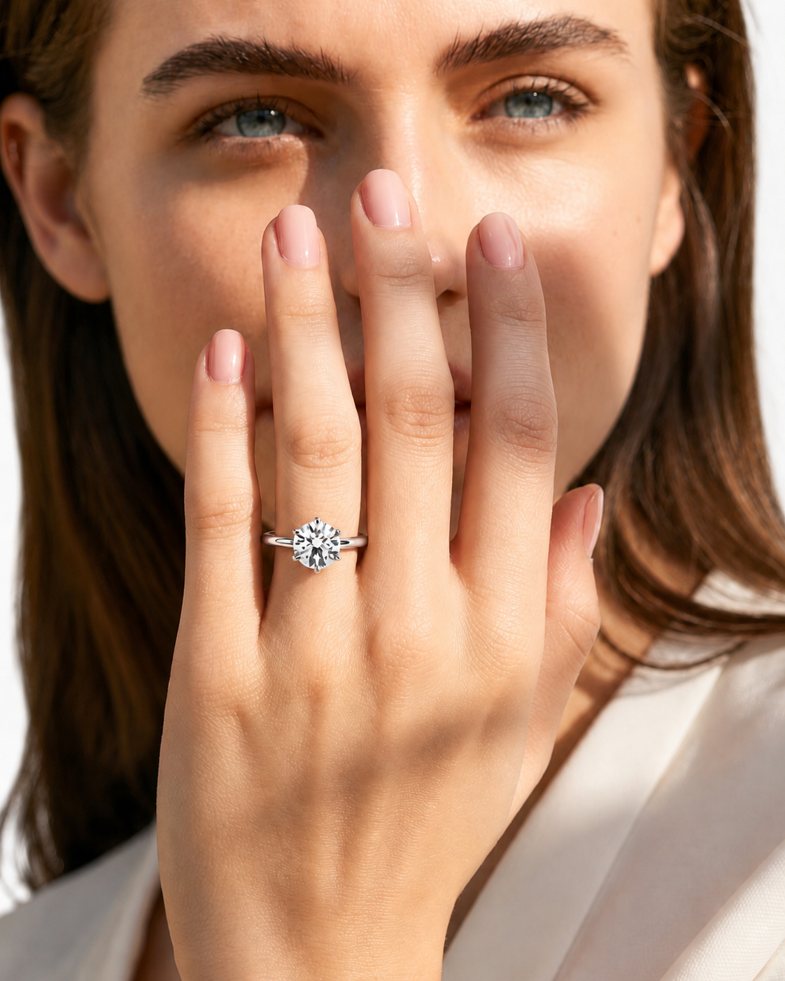 color_925_SIL,color_935_ARG,color_10K_WG, color_14K_WG &&A close-up lifestyle shot of a woman wearing a silver-toned diamond engagement ring on her finger, with her hand covering part of her face against a bright white background.