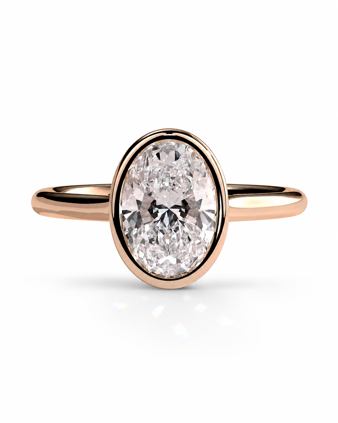 color_10K_RG, color_14K_RG &&A rose gold engagement ring featuring a large oval-cut clear gemstone in a bezel setting, shown on a clean white background.