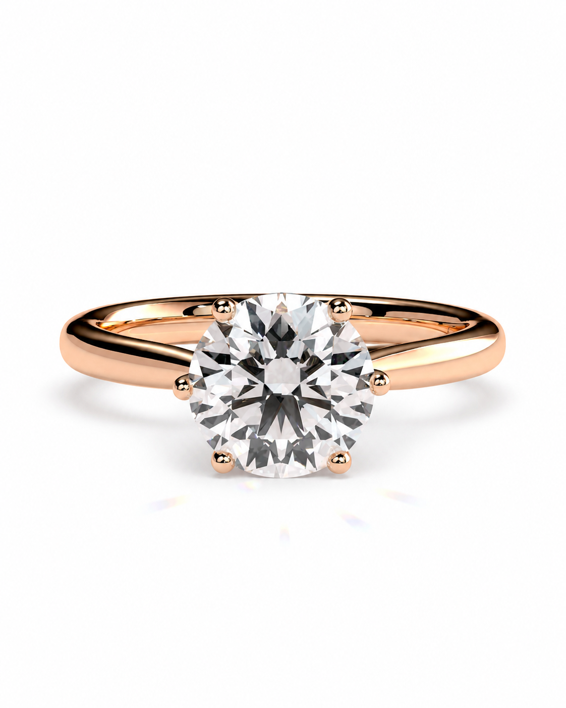 color_10K_RG, color_14K_RG &&A classic solitaire engagement ring featuring a round brilliant-cut diamond set in a polished rose gold band, shown on a clean white background with a soft reflection.