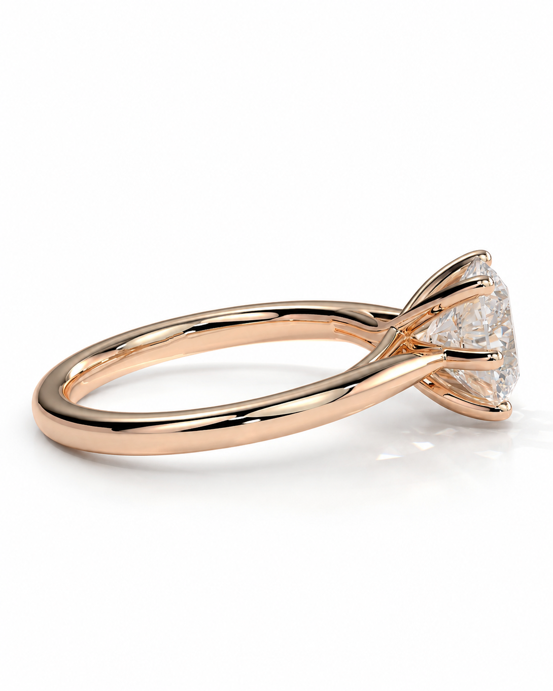 color_10K_RG, color_14K_RG &&A rose gold engagement ring featuring a large round brilliant-cut diamond, shown in a three-quarter side view on a clean white background.