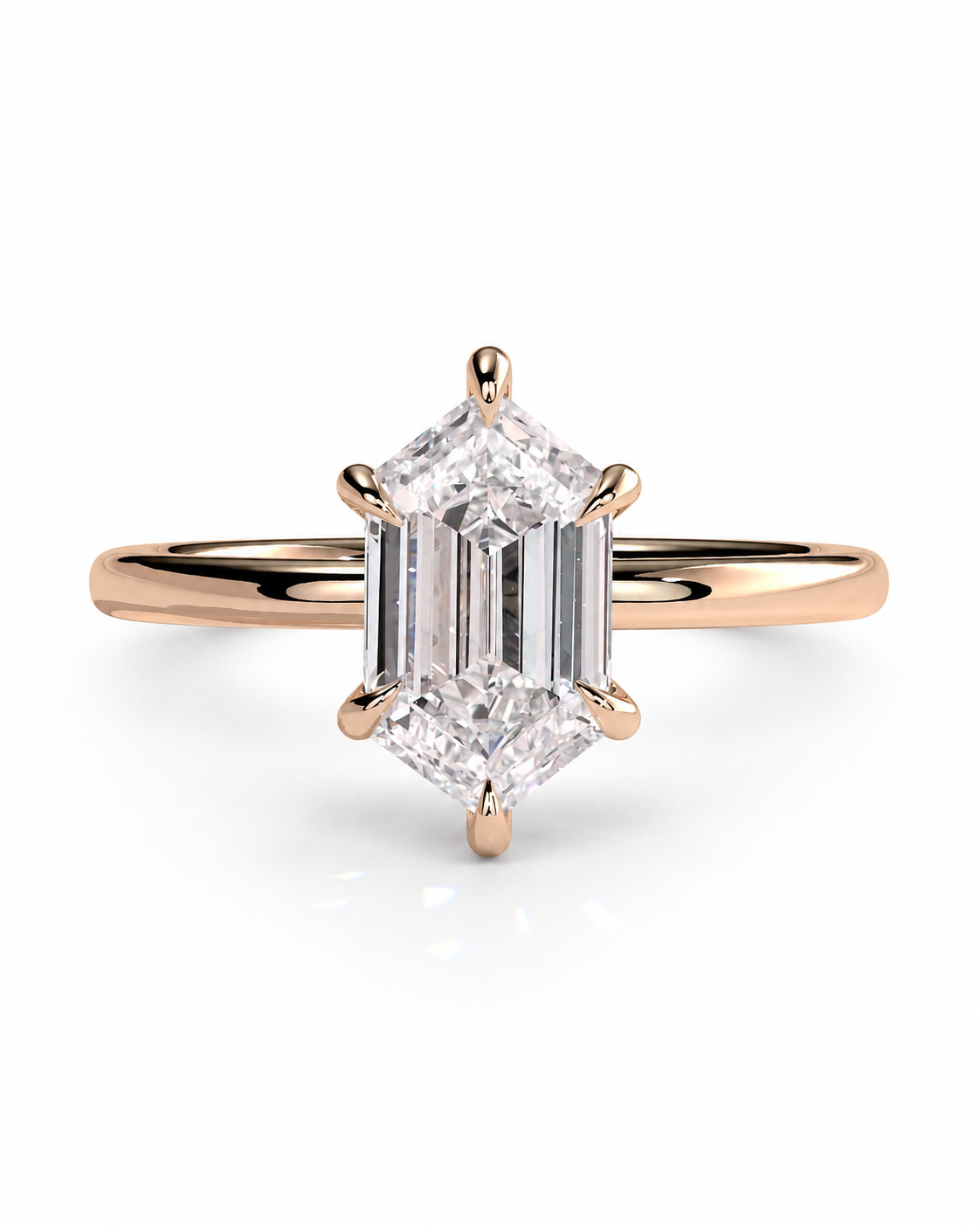 color_10K_RG, color_14K_RG &&A rose gold engagement ring featuring a large emerald-cut diamond center stone in a four-prong setting, shown on a clean white background.