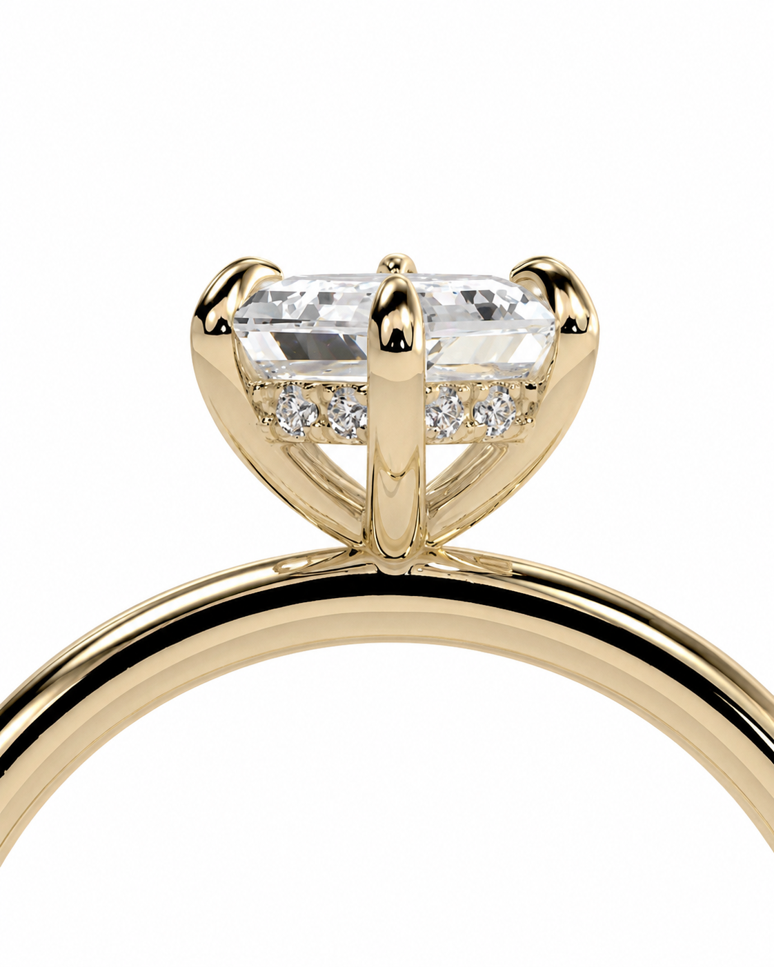 color_10K_YG, color_14K_YG &&A close-up of a yellow gold ring featuring a large oval-cut clear gemstone in a prong setting, with smaller round diamonds along the band of the halo, shown against a plain white background.