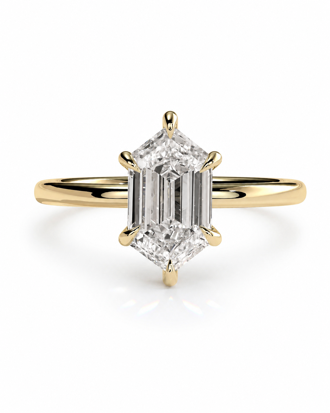 color_10K_YG, color_14K_YG &&A yellow gold ring featuring a large emerald-cut diamond solitaire in a six-prong setting, shown on a clean white background with a soft reflection.